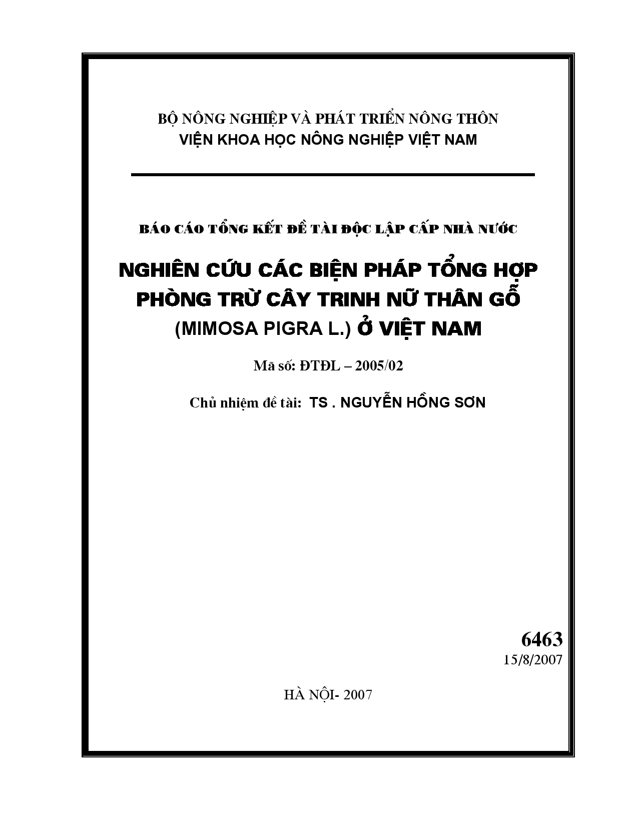 Nghiên cứu các biện pháp tổng hợp phòng trừ cây trinh nữ thân gỗ (Mimosa Pigra L.) ở Việt Nam  