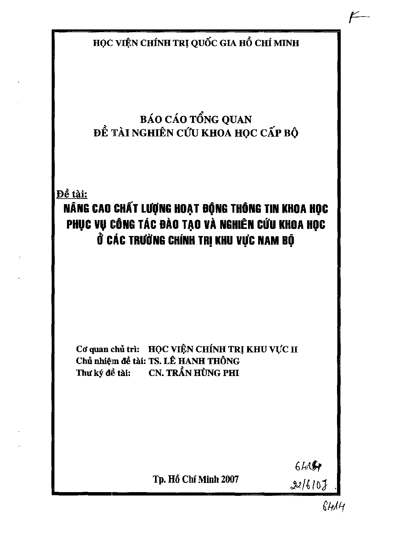 Nâng cao chất lượng hoạt động thông tin khoa học phục vụ công tác đào tạo và nghiên cứu khoa học ở các trường chính trị khu vực Nam Bộ  