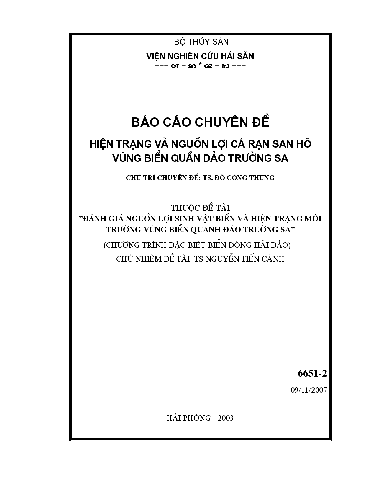 Hiện trạng và nguồn lợi cá rạn san hô vùng biển quần đảo Trường Sa  