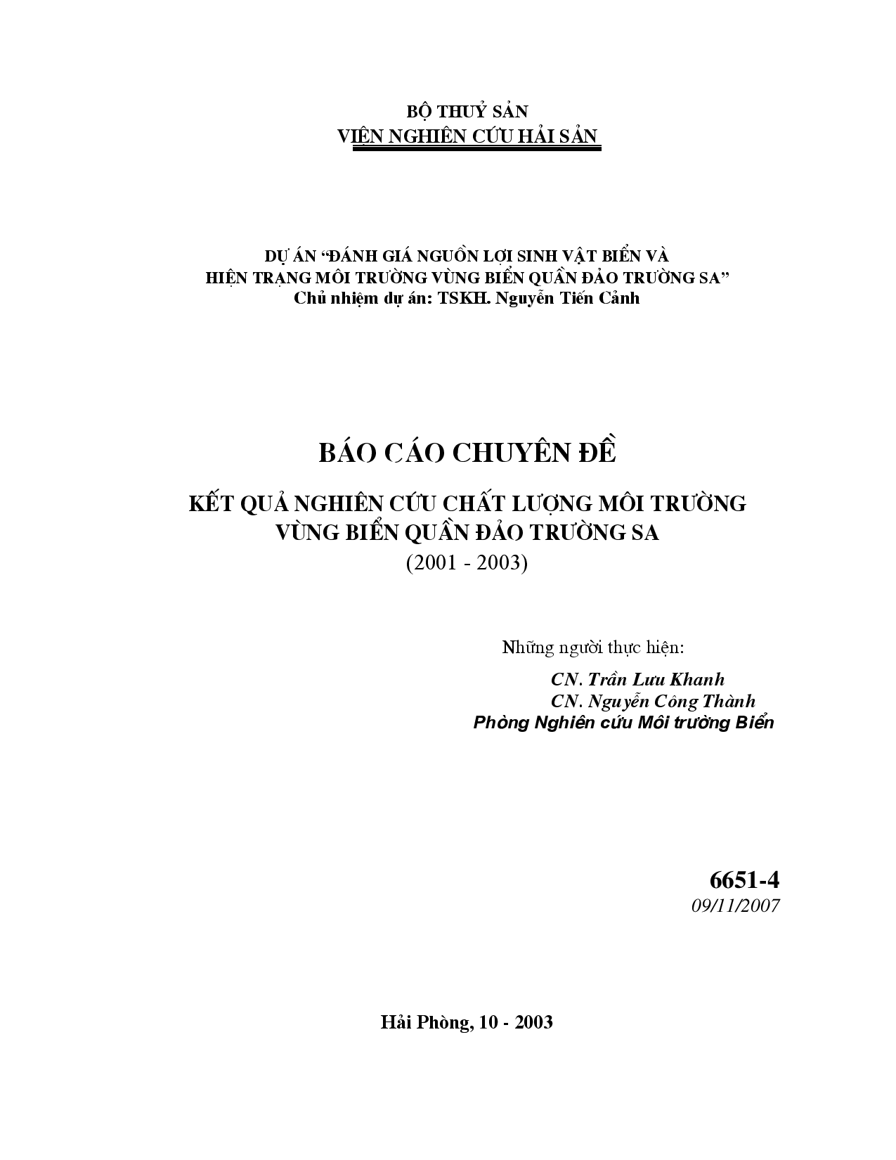 Kết quả nghiên cứu chất lượng môi trường vùng biển quần đảo Trường Sa (2001-2003)  