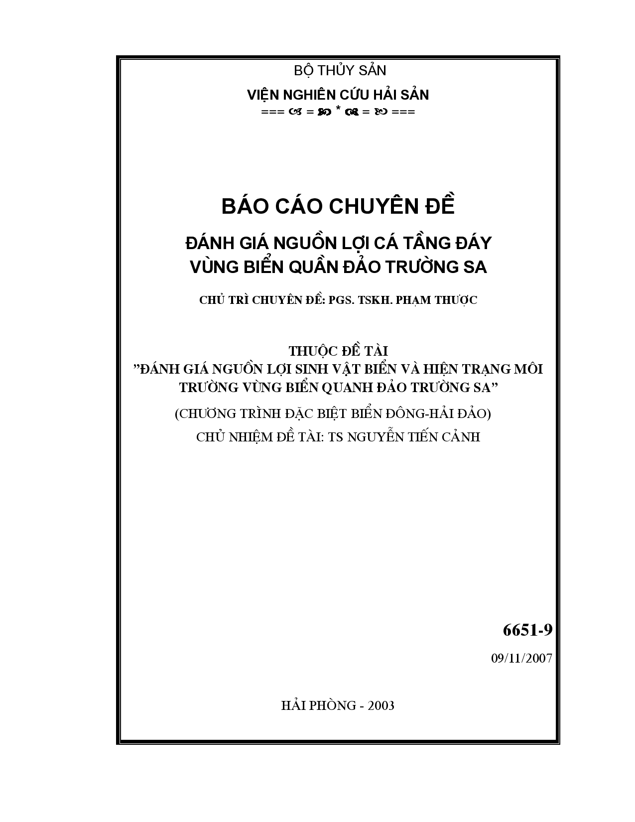 Đánh giá nguồn lợi cá tầng đáy vùng biển quần đảo Trường Sa  