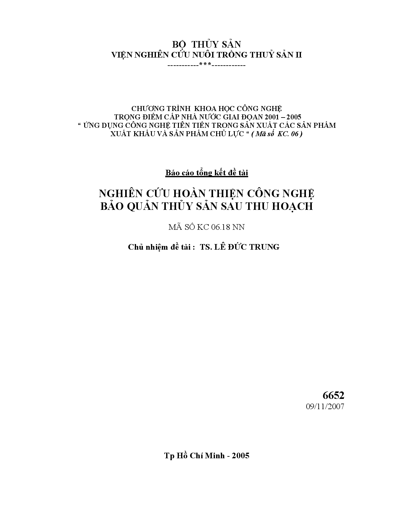 Nghiên cứu hoàn thiện công nghệ bảo quản thủy sản sau thu hoạch  