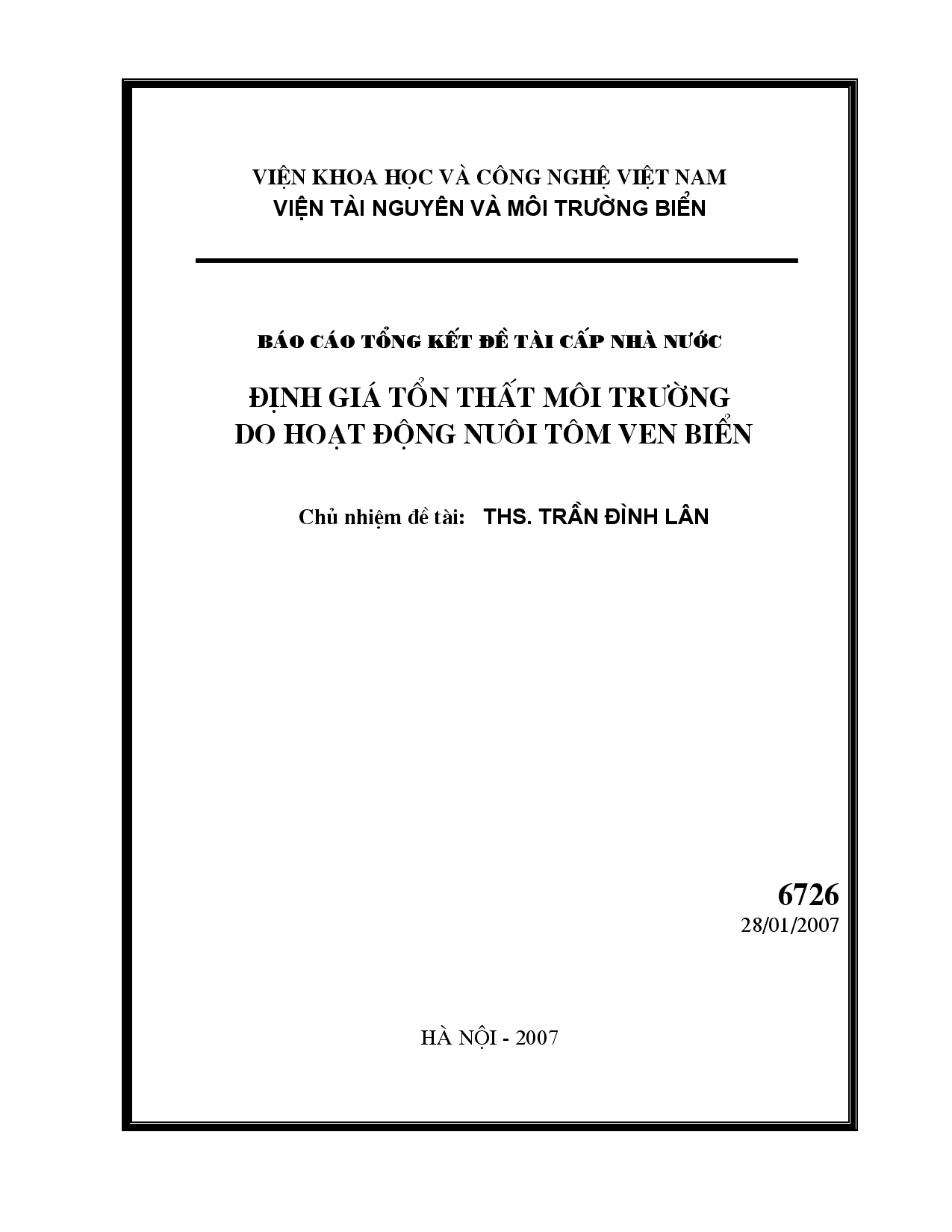 Định giá tổn thất môi trường do hoạt động nuôi tôm ven biển  