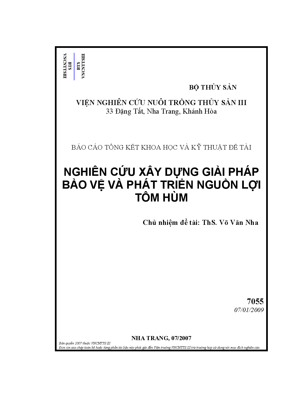 Nghiên cứu xây dựng giải pháp bảo vệ và phát triển nguồn lợi tôm hùm  