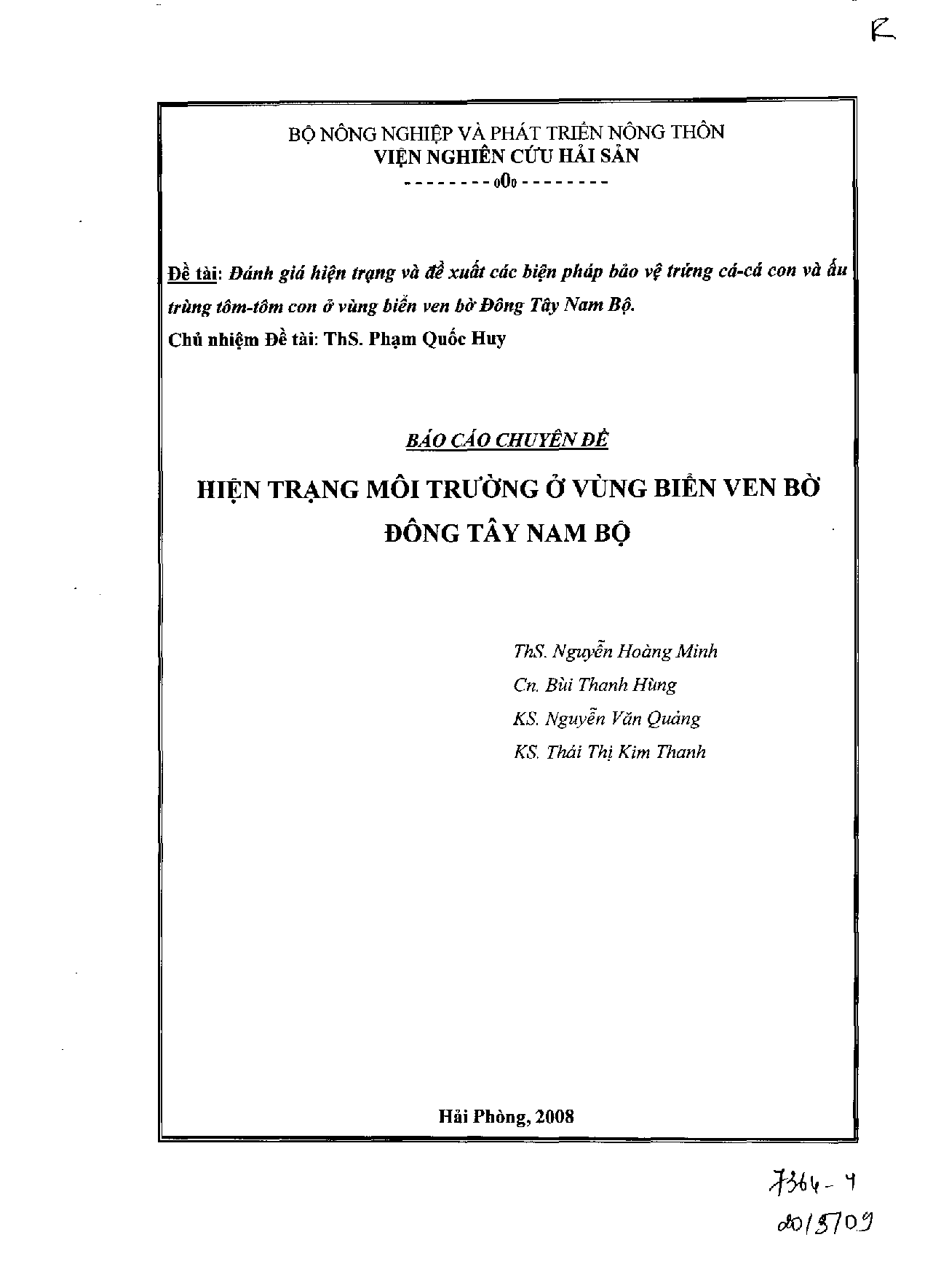 Đánh giá hiện trạng và đề xuất các biện pháp bảo vệ trứng cá - cá con và ấu trùng tôm - tôm con ở vùng biển ven bờ Đông Tây Nam Bộ : Hiện trạng môi trường ở vùng biển ven bờ Đông Tây Nam Bộ  