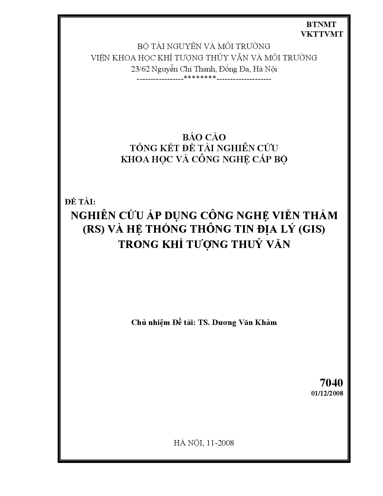 Nghiên cứu áp dụng công nghệ viễn thám (RS) và hệ thống thông tin địa lý (GIS) trong khí tượng thủy văn  