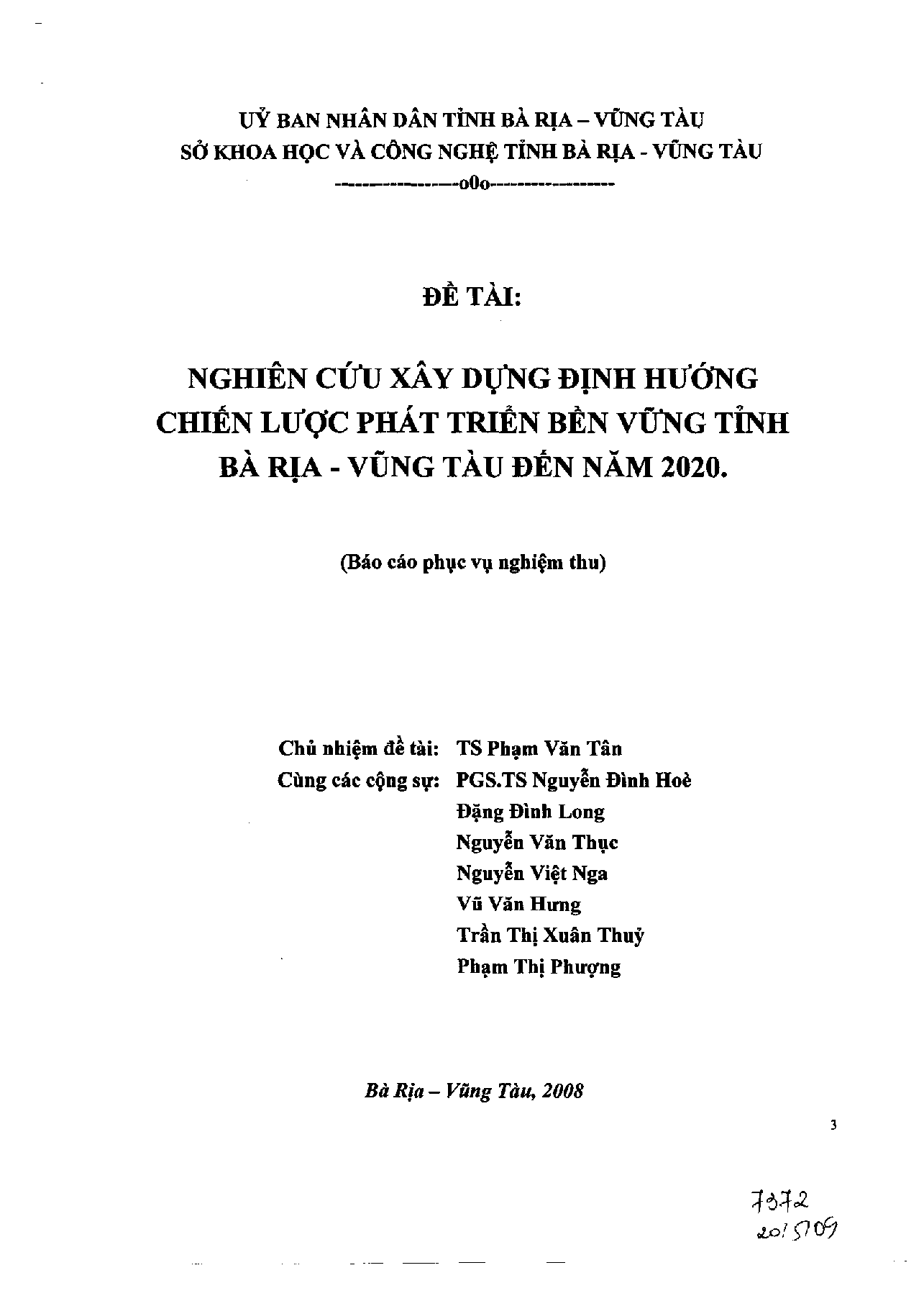 Nghiên cứu xây dựng định hướng chiến lược phát triển bền vững tỉnh Bà Rịa - Vũng Tàu đến năm 2020  