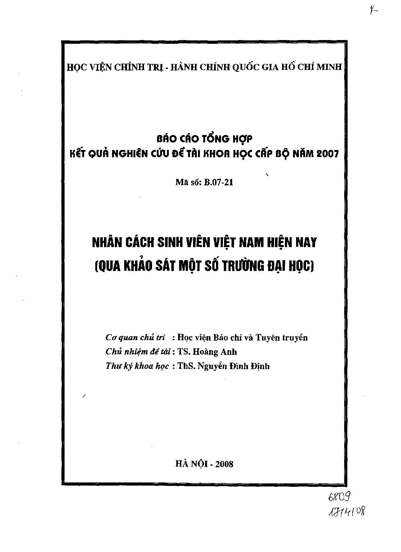 Nhân cách sinh viên Việt Nam hiện nay (Qua khảo sát một số trường Đại học)  