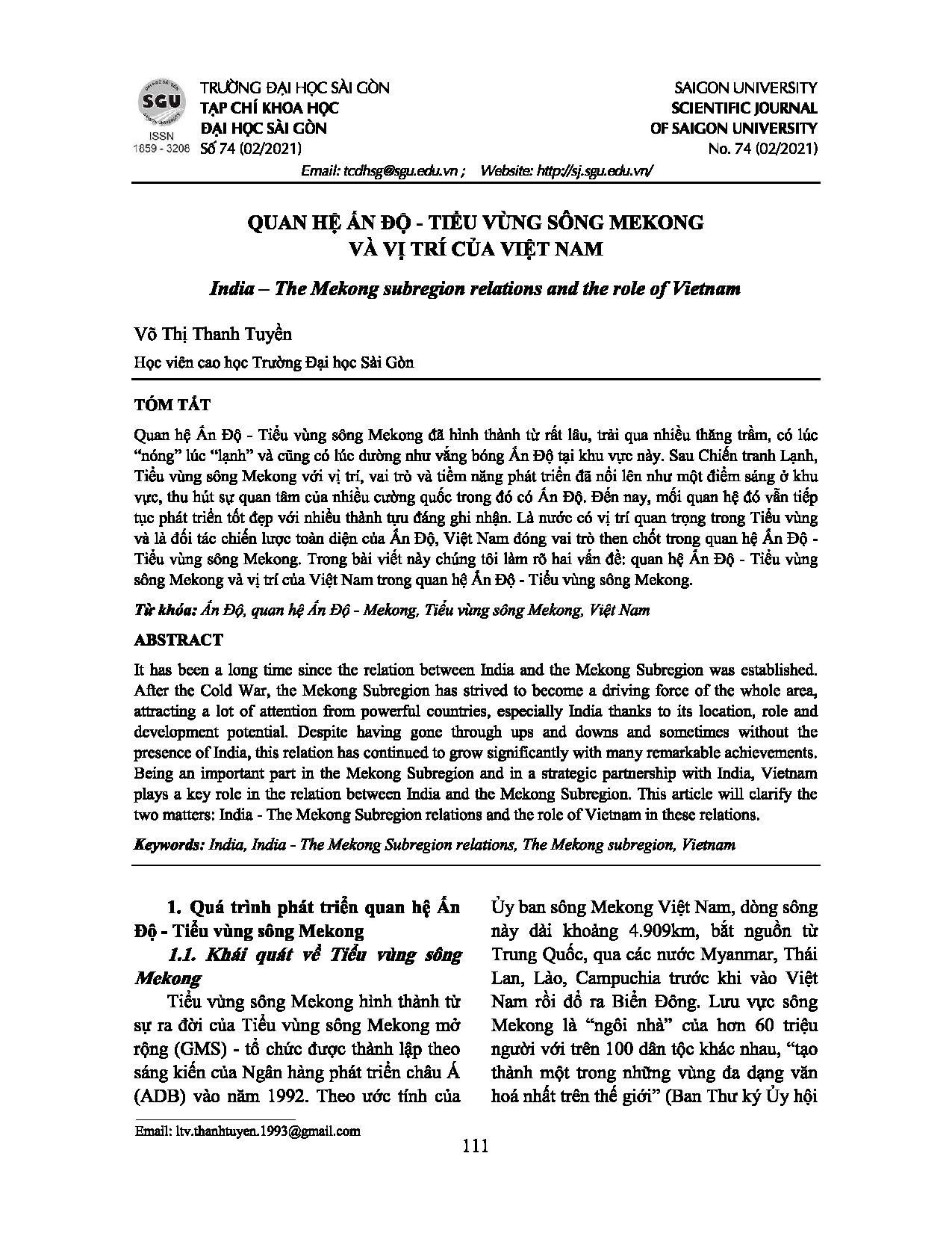 Quan hệ Ấn Độ - Tiểu vùng sông Mekong và vị trí của Việt Nam  