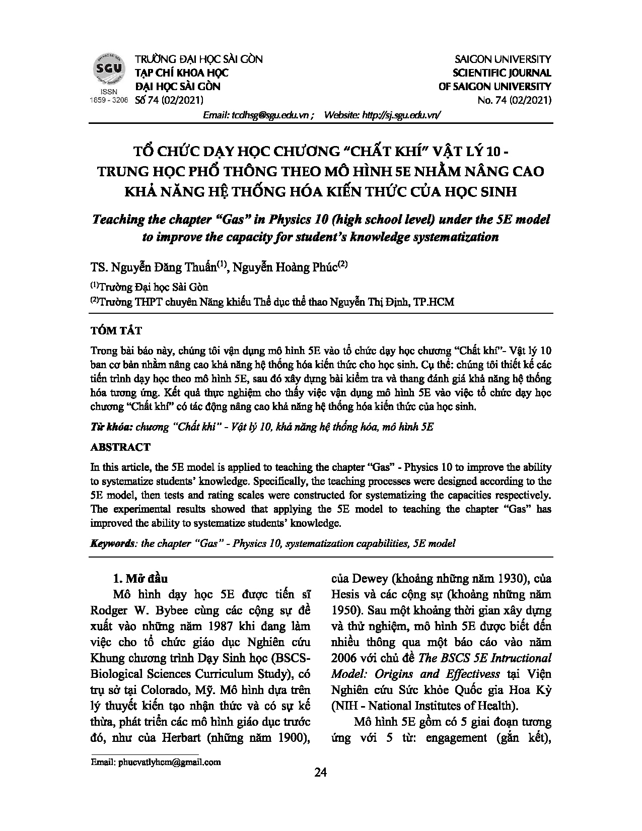 Tổ chức dạy học chương "Chất khí" Vật lý 10 - trung học phổ thông theo mô hình 5E nhằm nâng cao khả năng hệ thống hóa kiến thức của học sinh  