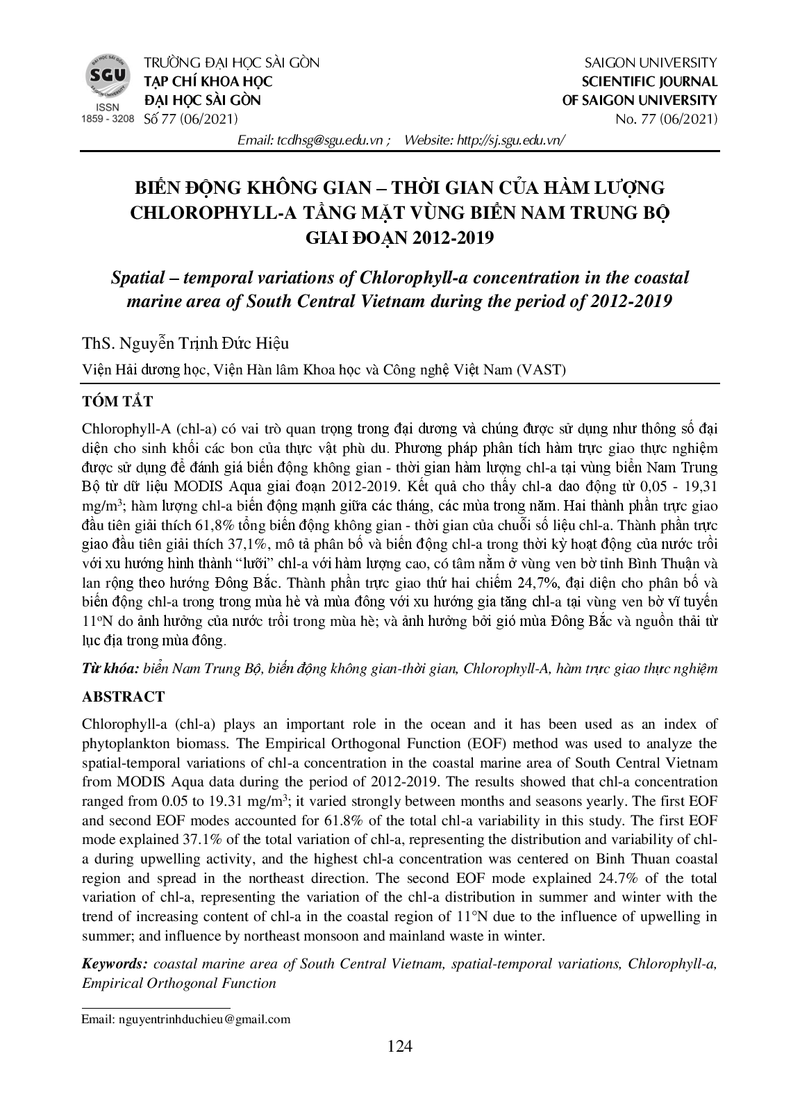 Biến động không gian - thời gian của hàm lượng Chlorophyll-A tầng mặt vùng biển Nam Trung Bộ giai đoạn 2012-2019  