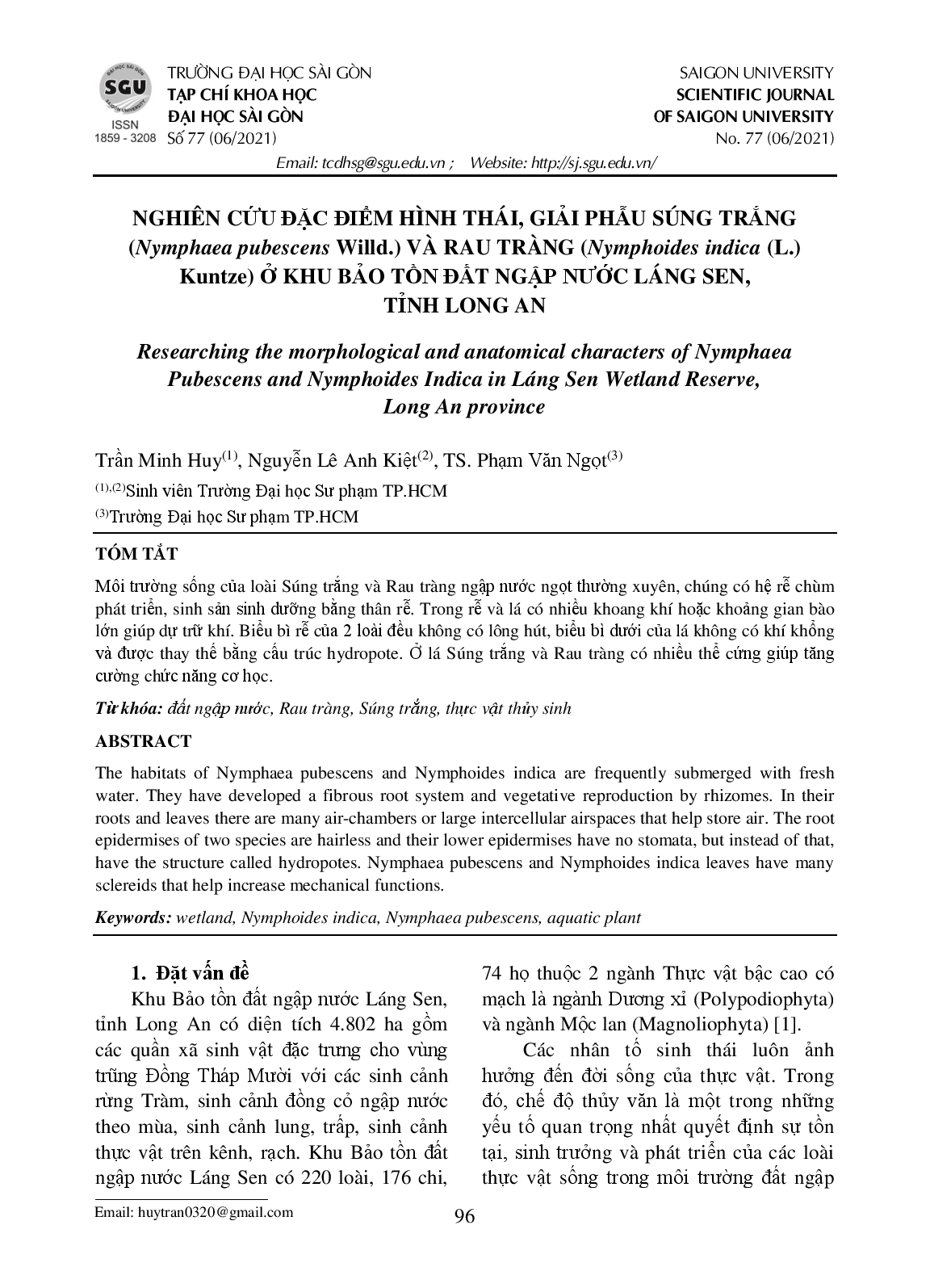 Nghiên cứu đặc điểm hình thái, giải phẫu súng trắng (Nymphaea pubescens Willd.) và rau tràng (Nymphoides indica (L.) Kuntze) ở khu bảo tồn đất ngập nước Láng Sen, tỉnh Long An  