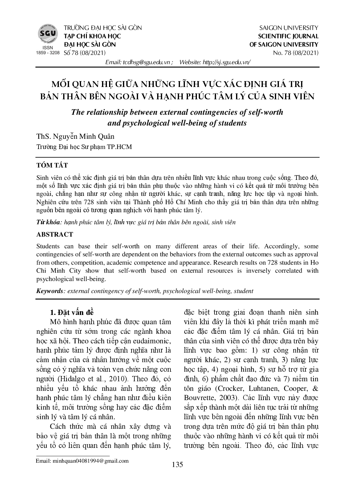 Mối quan hệ giữa những lĩnh vực xác định giá trị bản thân bên ngoài và hạnh phúc tâm lý của sinh viên  