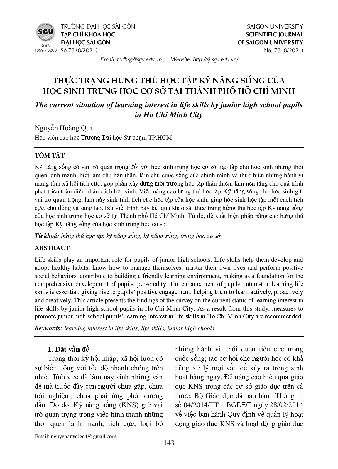 Thực trạng hứng thú học tập kỹ năng sống của học sinh trung học cơ sở tại Thành phố Hồ Chí Minh  