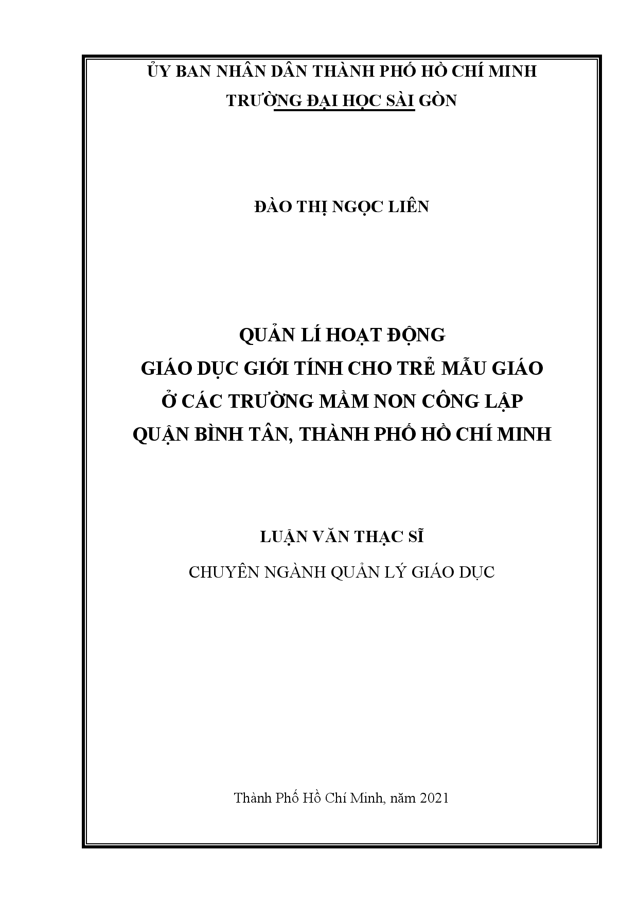 Quản lí hoạt động giáo dục giới tính cho trẻ mẫu giáo ở các trường mầm non công lập Quận Bình Tân, Thành phố Hồ Chí Minh  