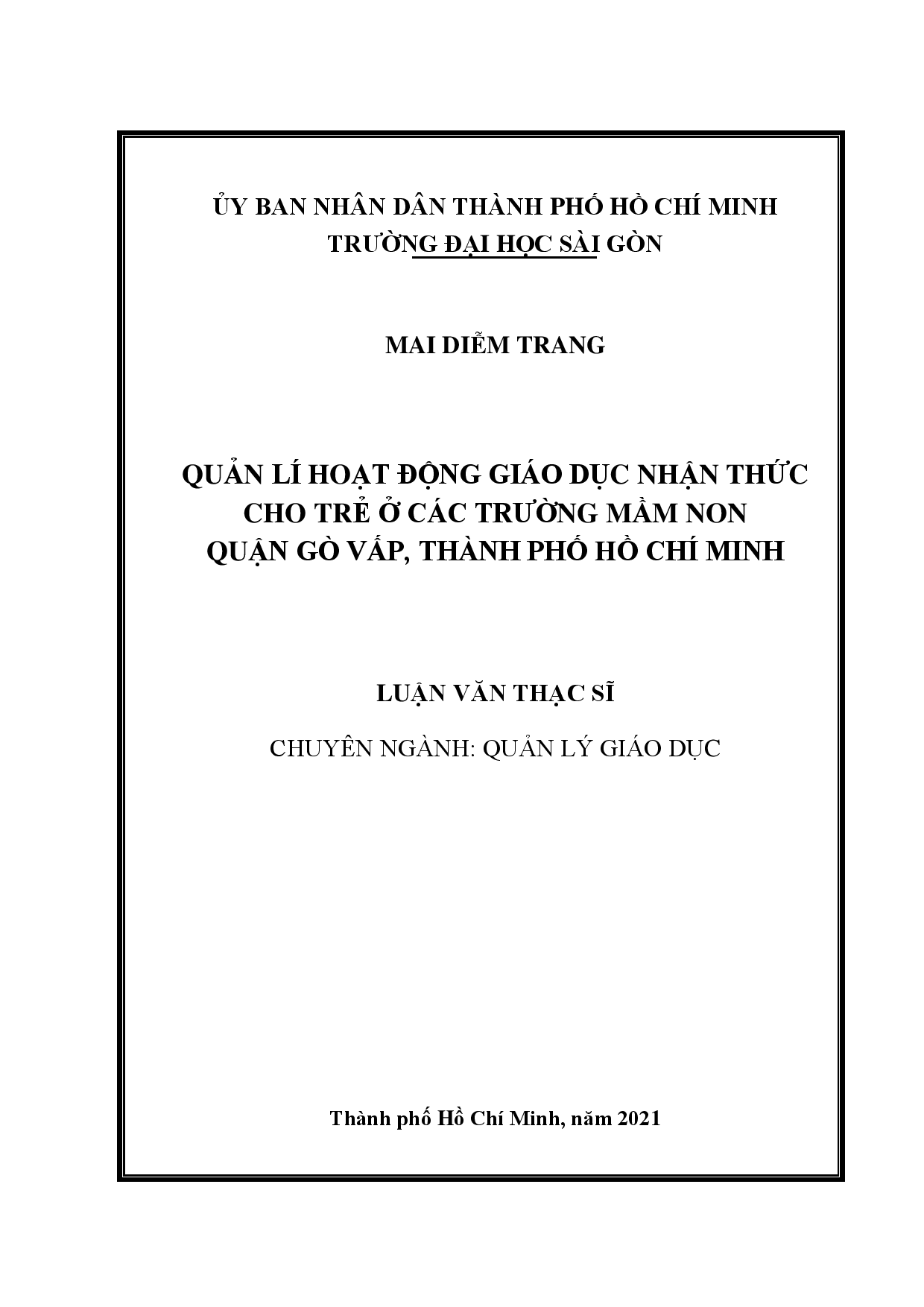 Quản lý hoạt động giáo dục nhận thức cho trẻ ở các trường mầm non quận Gò Vấp, Thành phố Hồ Chí Minh  