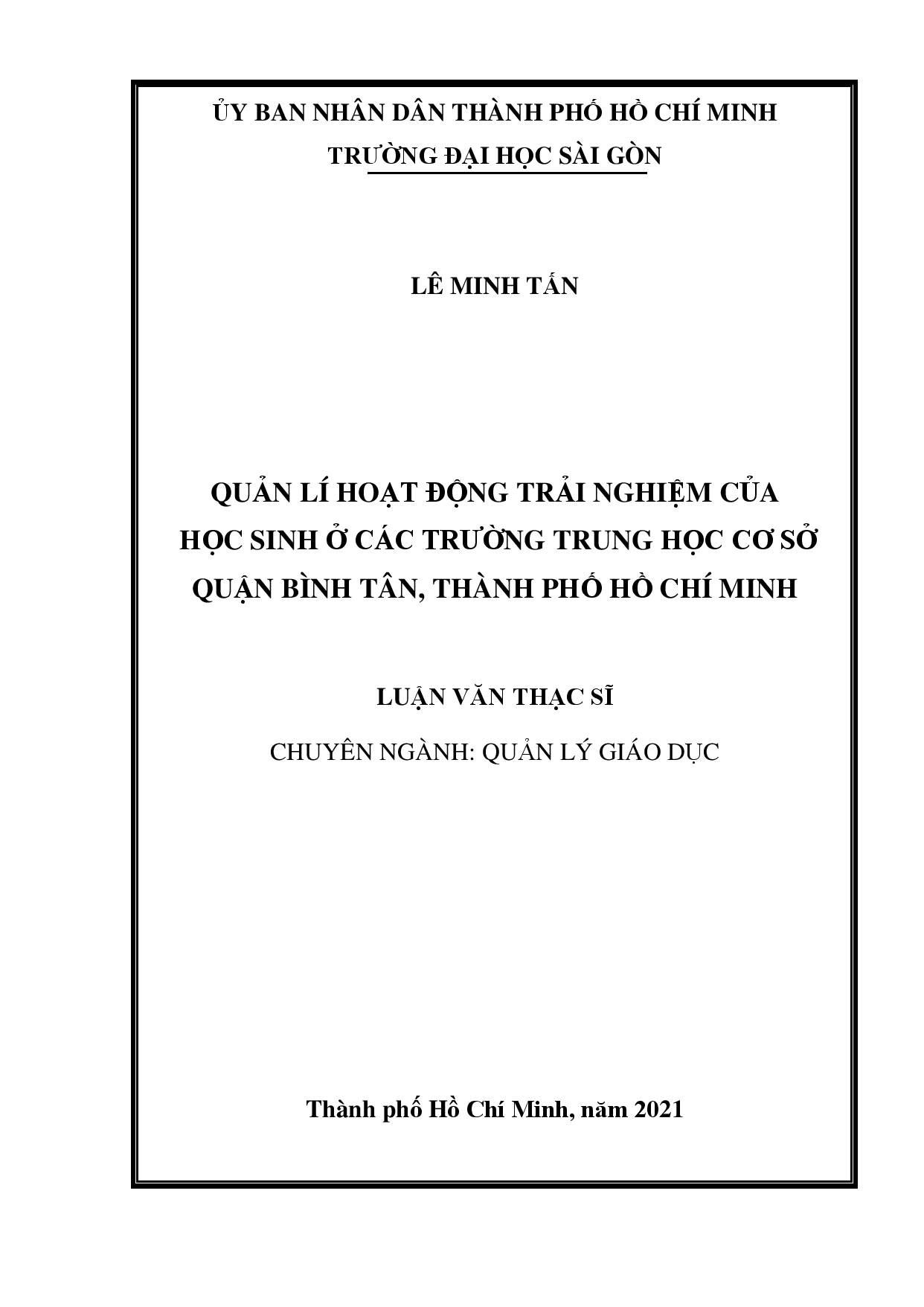 Quản lí hoạt động trải nghiệm của học sinh ở các trường trung học cơ sở quận Bình Tân, Thành phố Hồ Chí Minh  