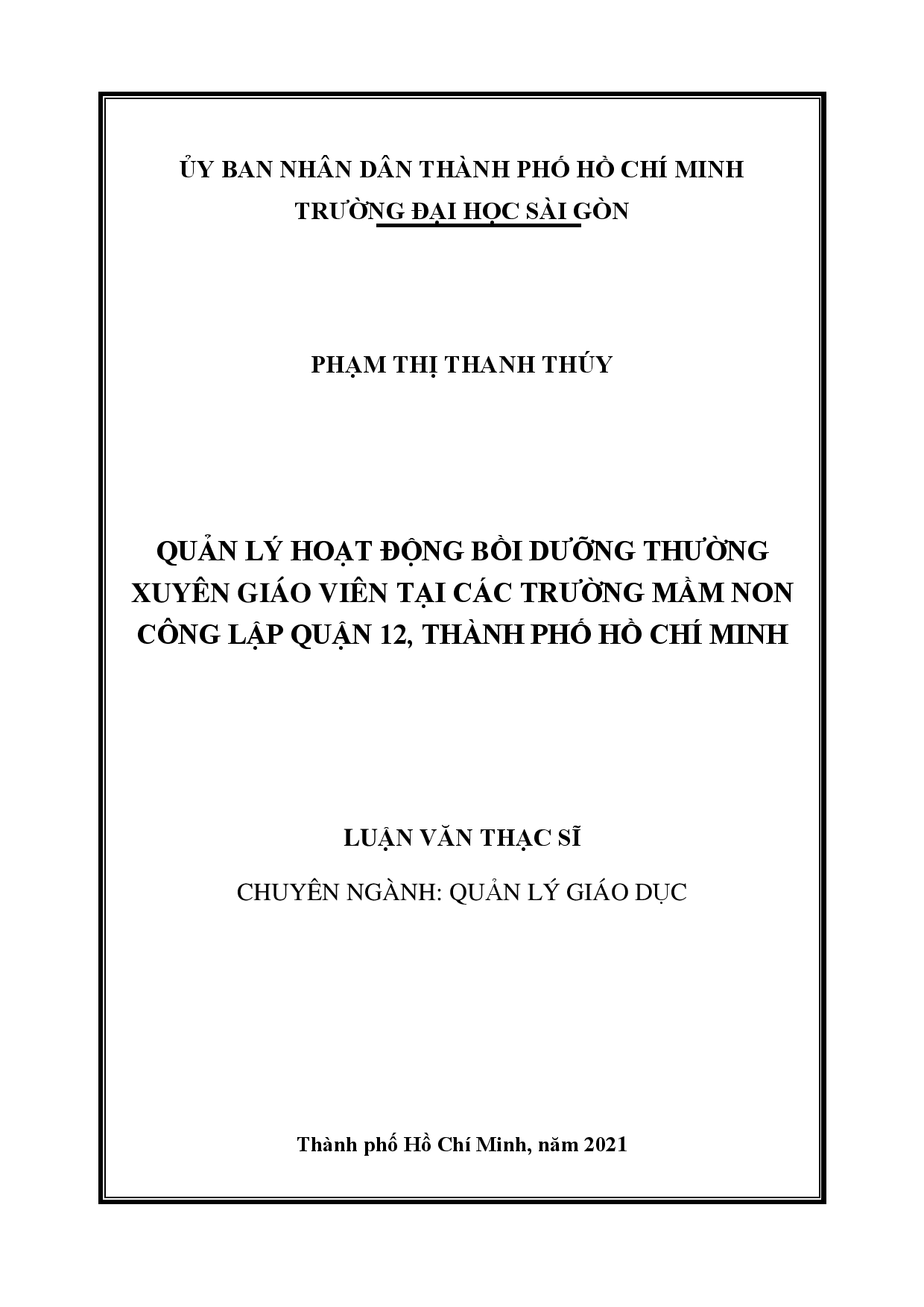 Quản lý hoạt động bồi dưỡng thường xuyên giáo viên tại các trường mầm non công lập Quận 12, Thành phố Hồ Chí Minh  