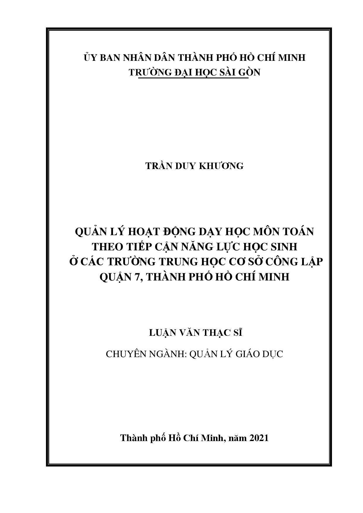 Quản lý hoạt động dạy học môn Toán theo tiếp cận năng lực học sinh ở các trường trung học cơ sở công lập quận 7, thành phố Hồ Chí Minh  