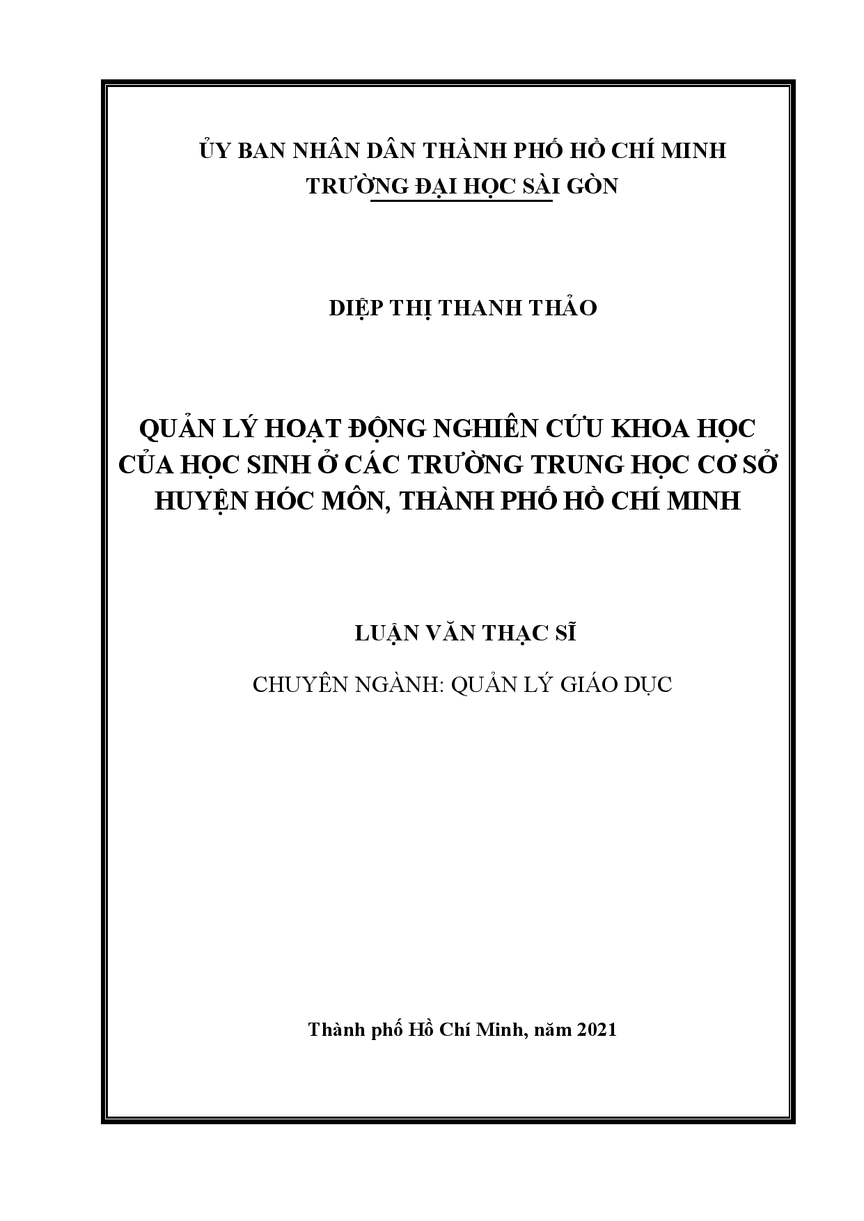 Quản lý hoạt động nghiên cứu khoa học của học sinh ở các trường trung học cơ sở huyện Hóc Môn, thành phố Hồ Chí Minh  