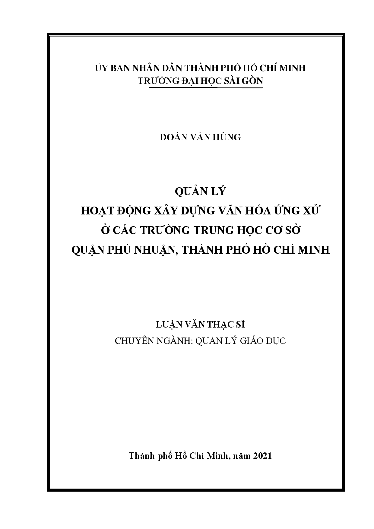 Quản lý hoạt động xây dựng văn hóa ứng xử ở các trường Trung học cơ sở quận Phú Nhuận, thành phố Hồ Chí Minh  