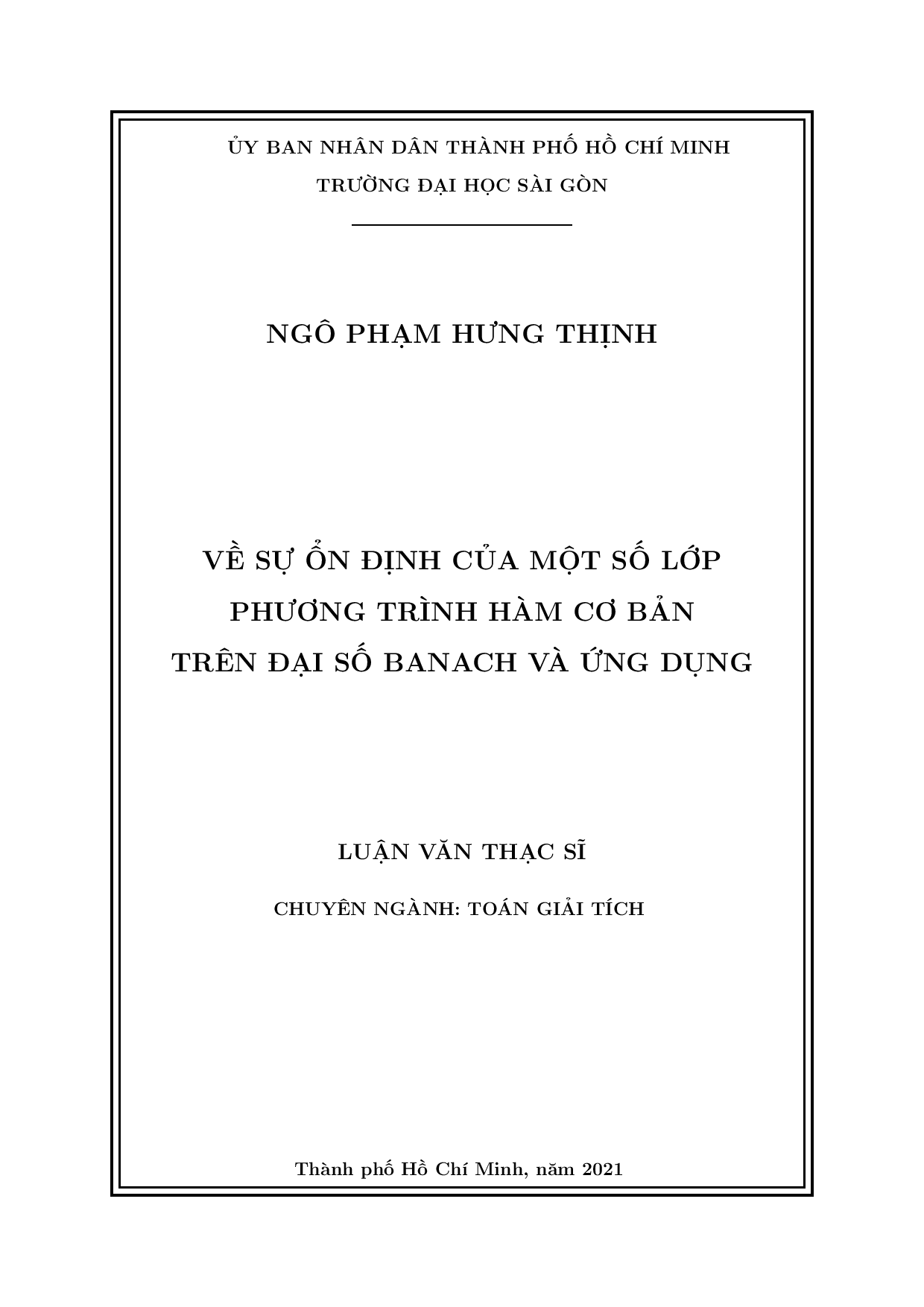 Về sự ổn định của một số lớp phương trình hàm cơ bản trên đại số Banach và ứng dụng  