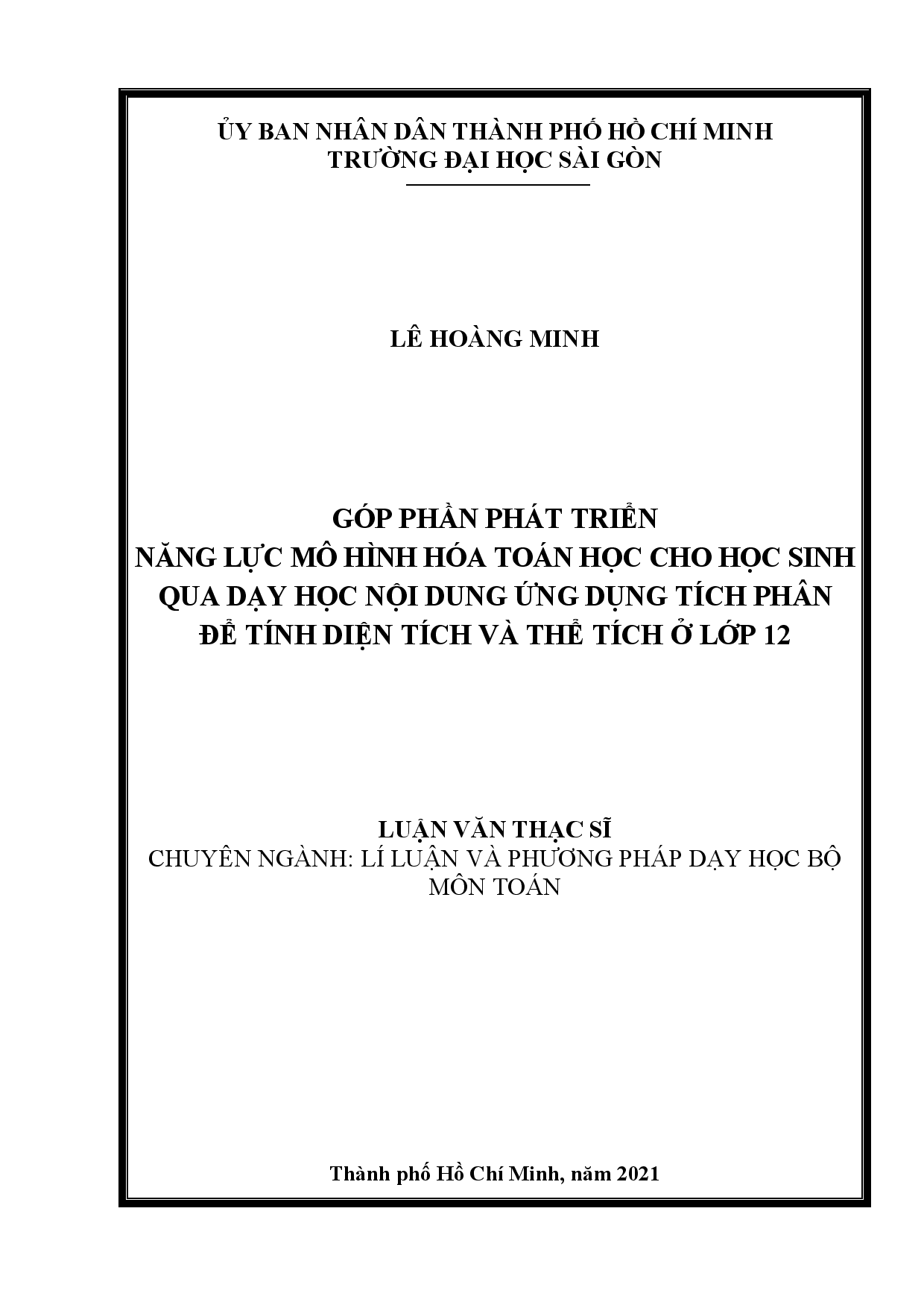 Góp phần phát triển năng lực mô hình hóa toán học cho học sinh qua dạy học nội dung ứng dụng tích phân để tính diện tích và thể tích ở lớp 12  