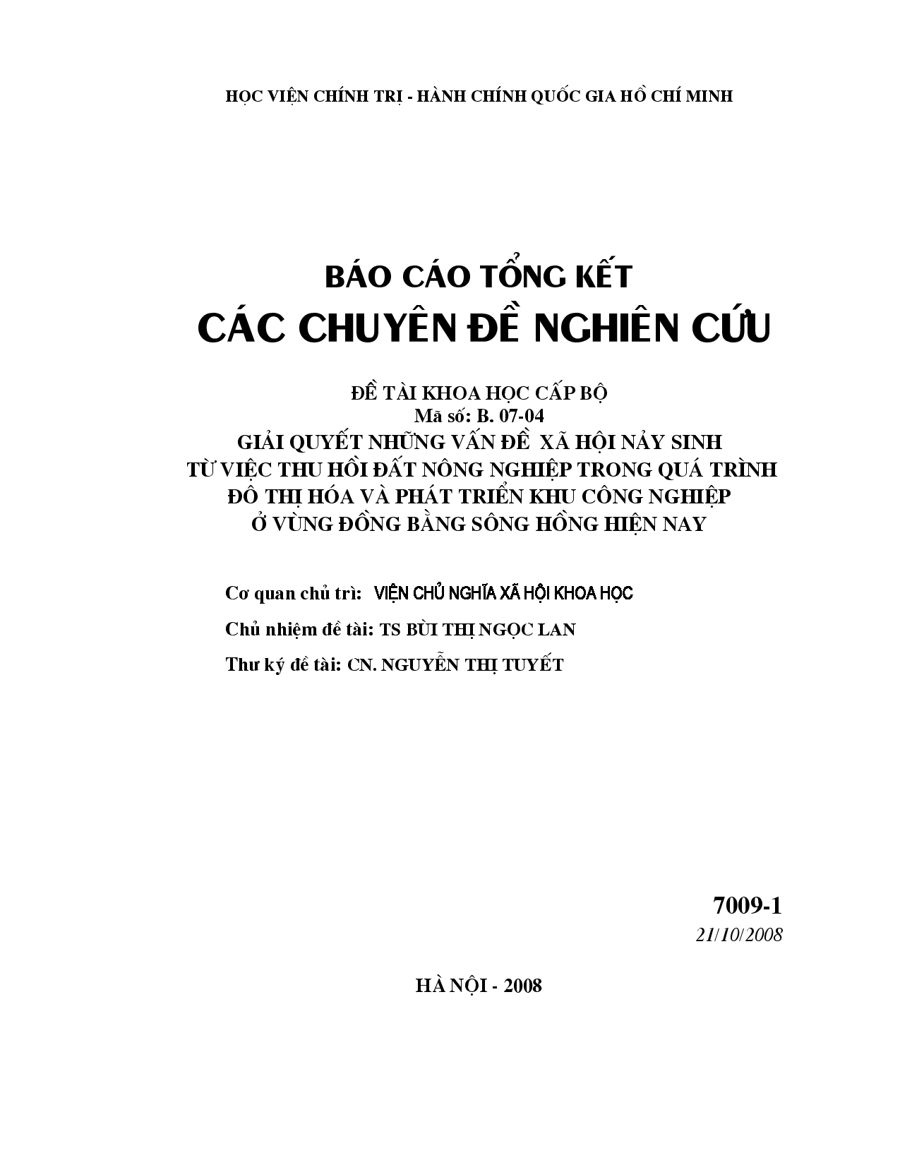 Giải quyết những vấn đề xã hội nảy sinh từ việc thu hồi đất nông nghiệp trong quá trình đô thị hoá và phát triển khu công nghiệp ở vùng đồng bằng sông Hồng hiện nay  