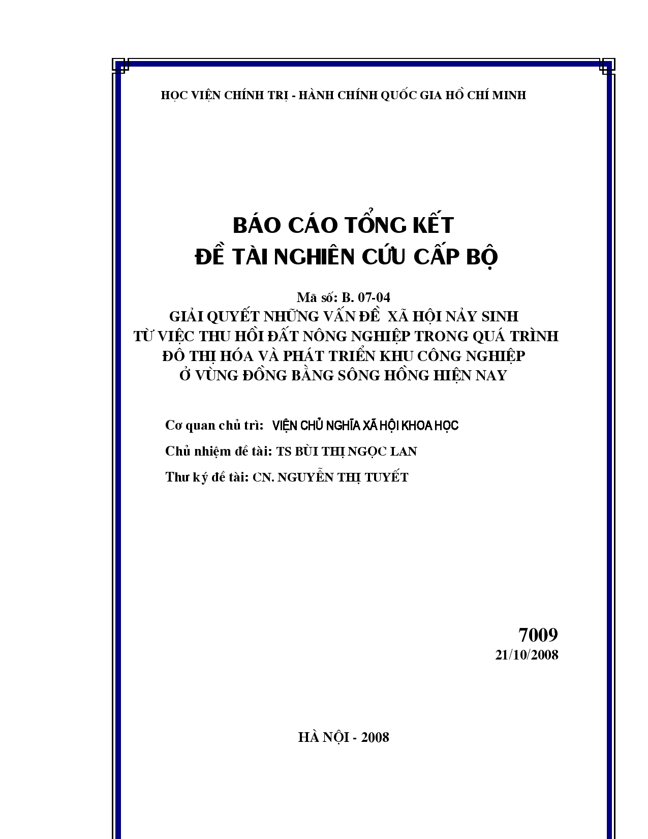 Giải quyết những vấn đề xã hội nảy sinh từ việc thu hồi đất nông nghiệp trong quá trình đô thị hoá và phát triển khu công nghiệp ở vùng đồng bằng sông Hồng hiện nay  