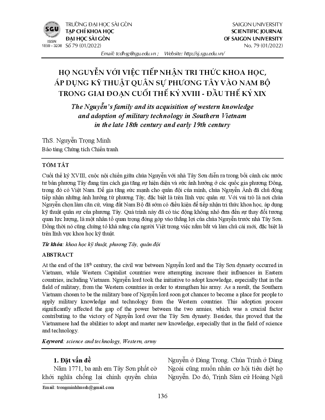 Họ Nguyễn với việc tiếp nhận tri thức khoa học, áp dụng kỹ thuật quân sự phương Tây vào Nam Bộ trong giai đoạn cuối thế kỷ XVIII - đầu thế kỷ XIX  