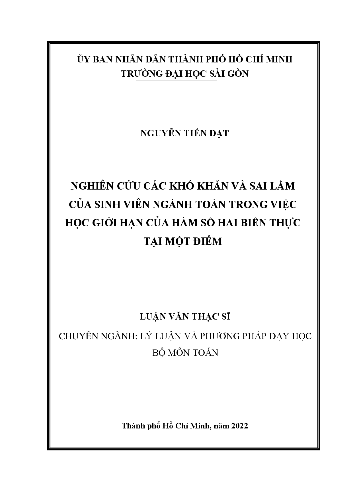 Nghiên cứu các khó khăn và sai lầm của sinh viên ngành Toán trong việc học giới hạn của hàm số hai biến thực tại một điểm  