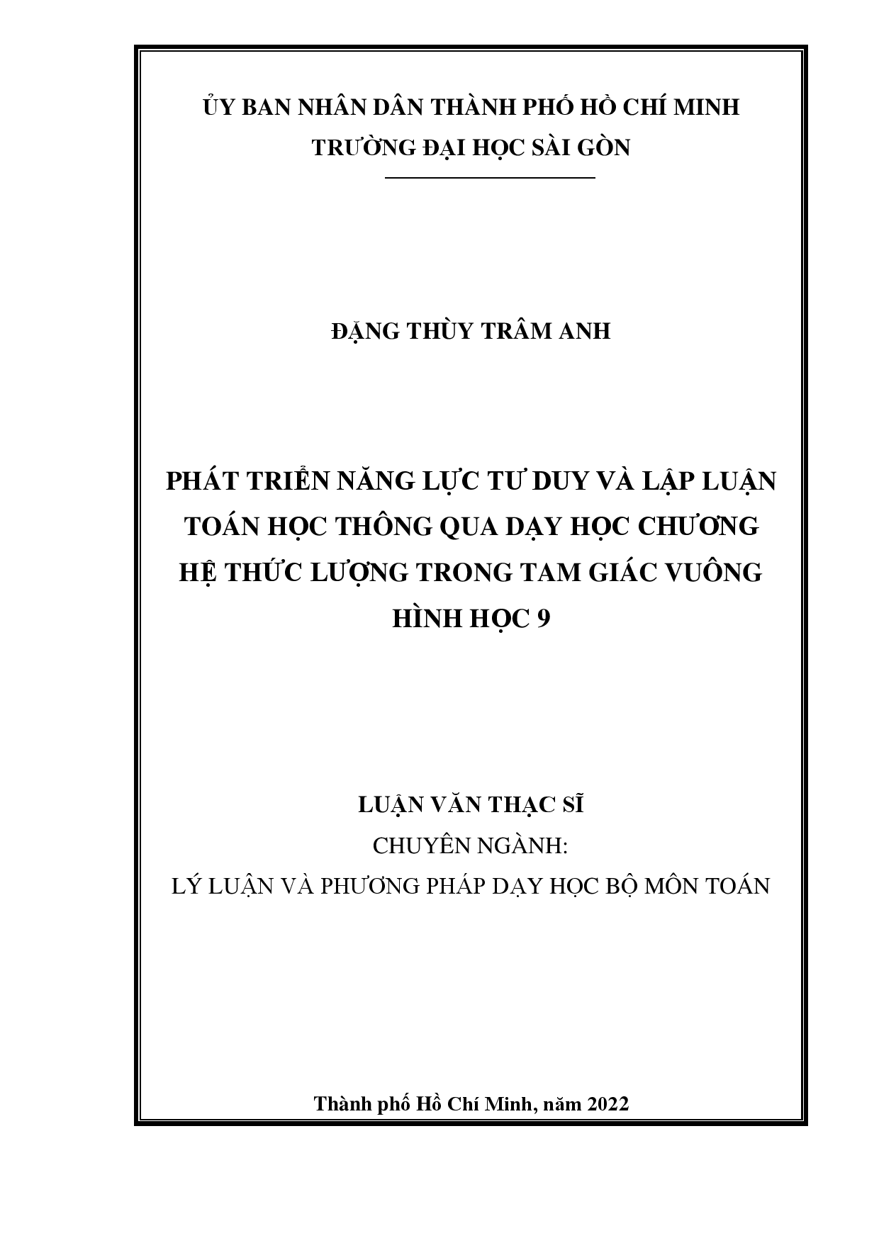 Phát triển năng lực tư duy và lập luận toán học thông qua dạy học chương hệ thức lượng trong tam giác vuông hình học 9  