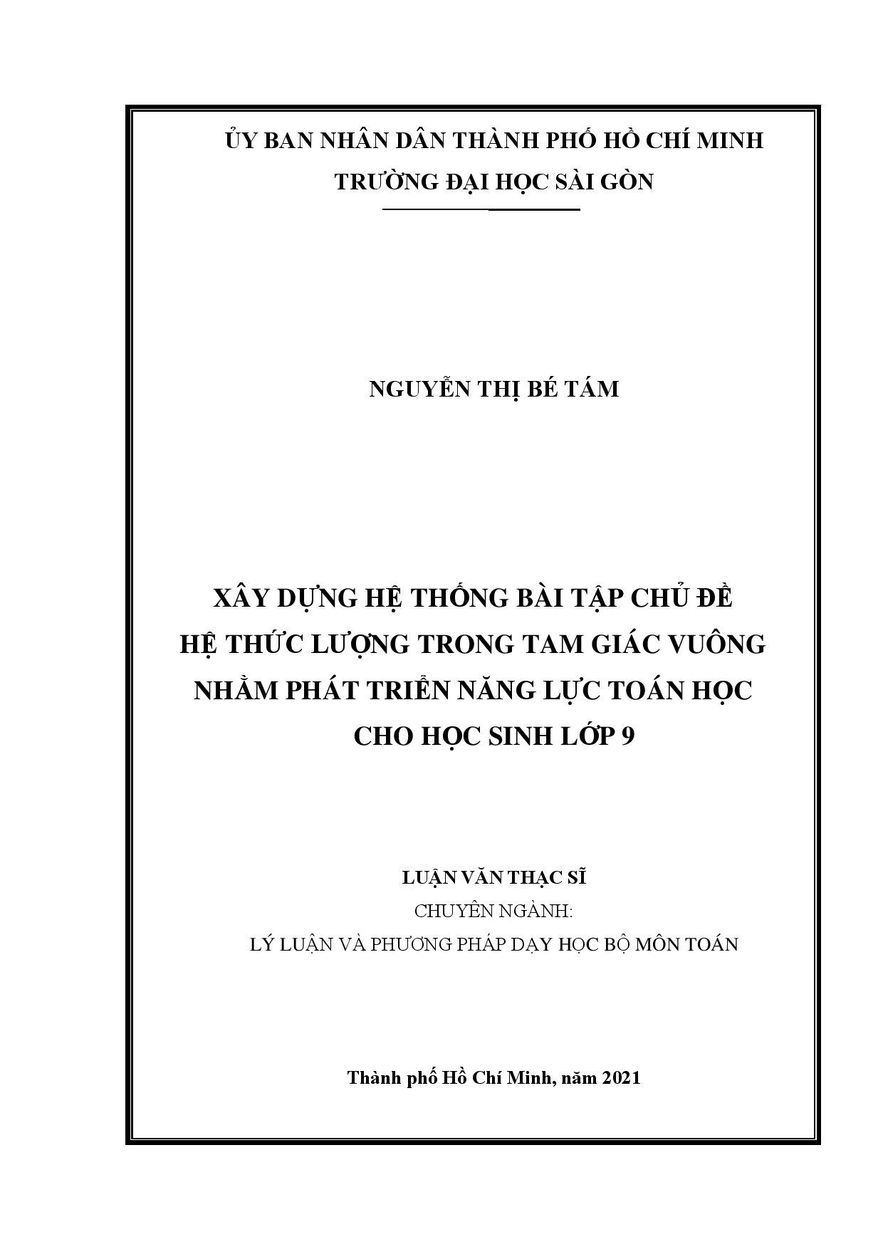 Xây dựng hệ thống bài tập chủ đề hệ thức lượng trong tam giác vuông nhằm phát triển năng lực toán học cho học sinh lớp 9  