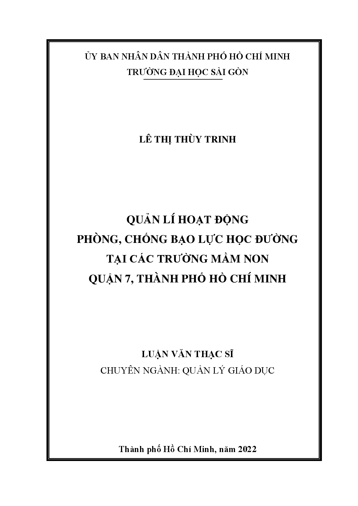 Quản lí hoạt động phòng, chống bạo lực học đường tại các trường mầm non Quận 7, Thành phố Hồ Chí Minh  