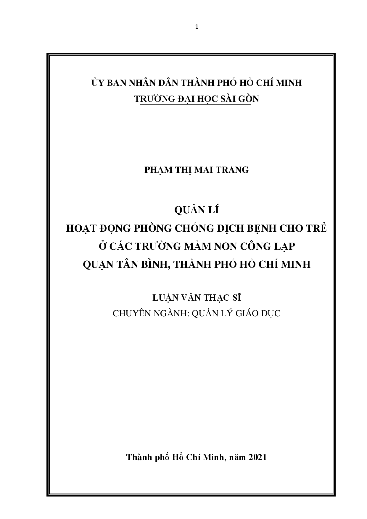 Quản lí hoạt động phòng chống dịch bệnh cho trẻ ở các trường mầm non công lập quận Tân Bình, Thành phố Hồ Chí Minh  