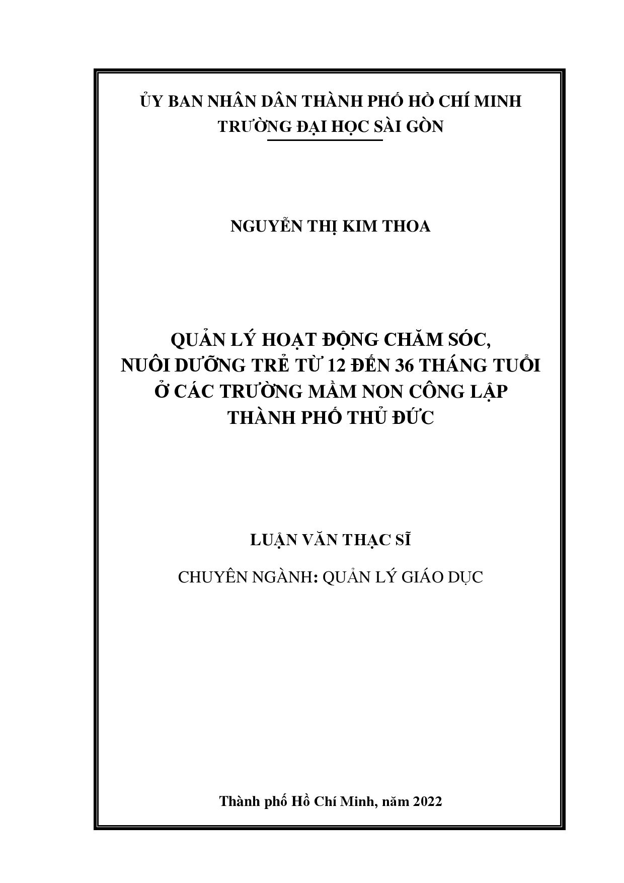 Quản lý hoạt động chăm sóc, nuôi dưỡng trẻ từ 12 đến 36 tháng tuổi ở các trường mầm non công lập thành phố Thủ Đức  