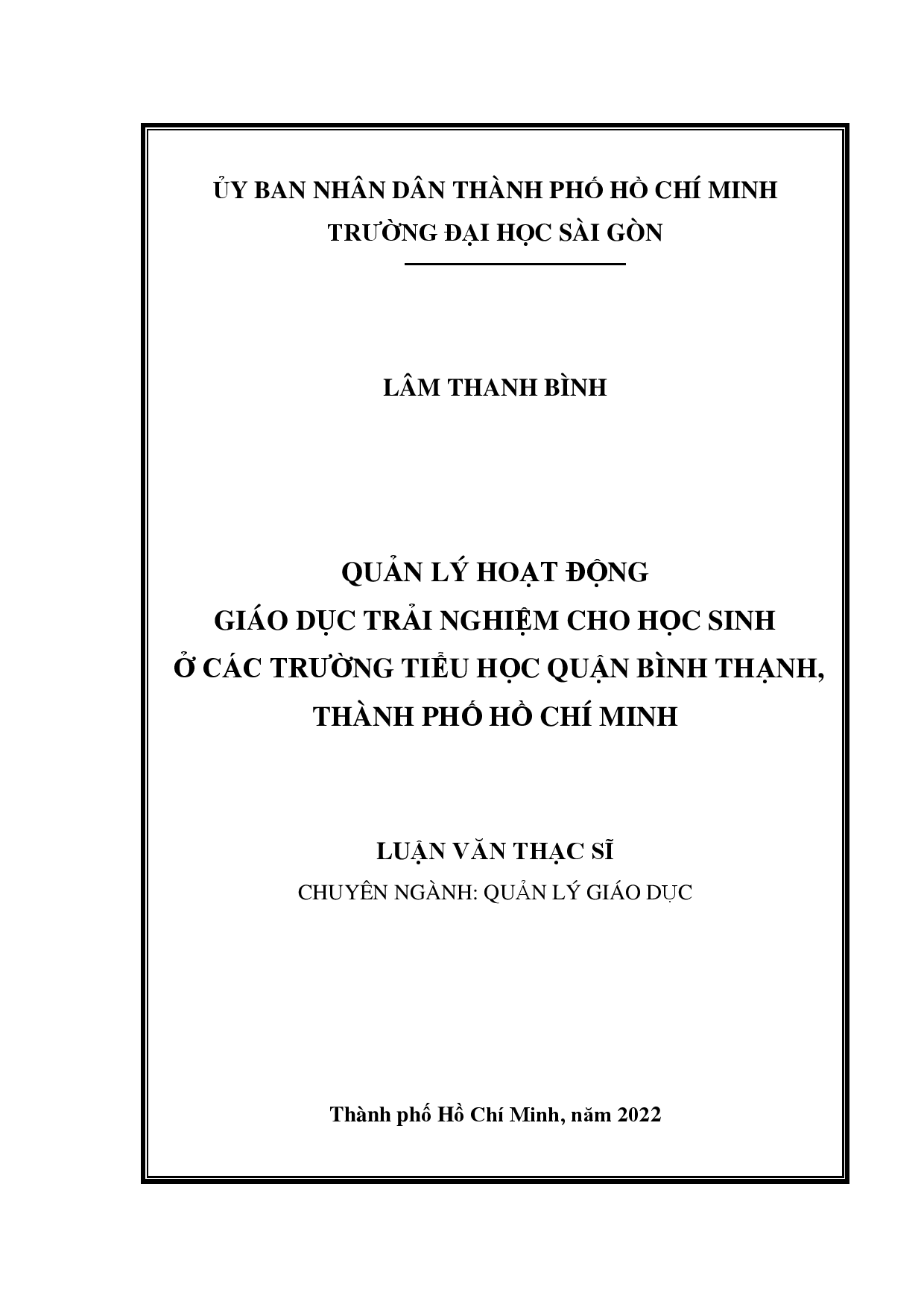 Quản lý hoạt động giáo dục trải nghiệm cho học sinh ở các trường tiểu học quận Bình Thạnh, Thành phố Hồ Chí Minh  