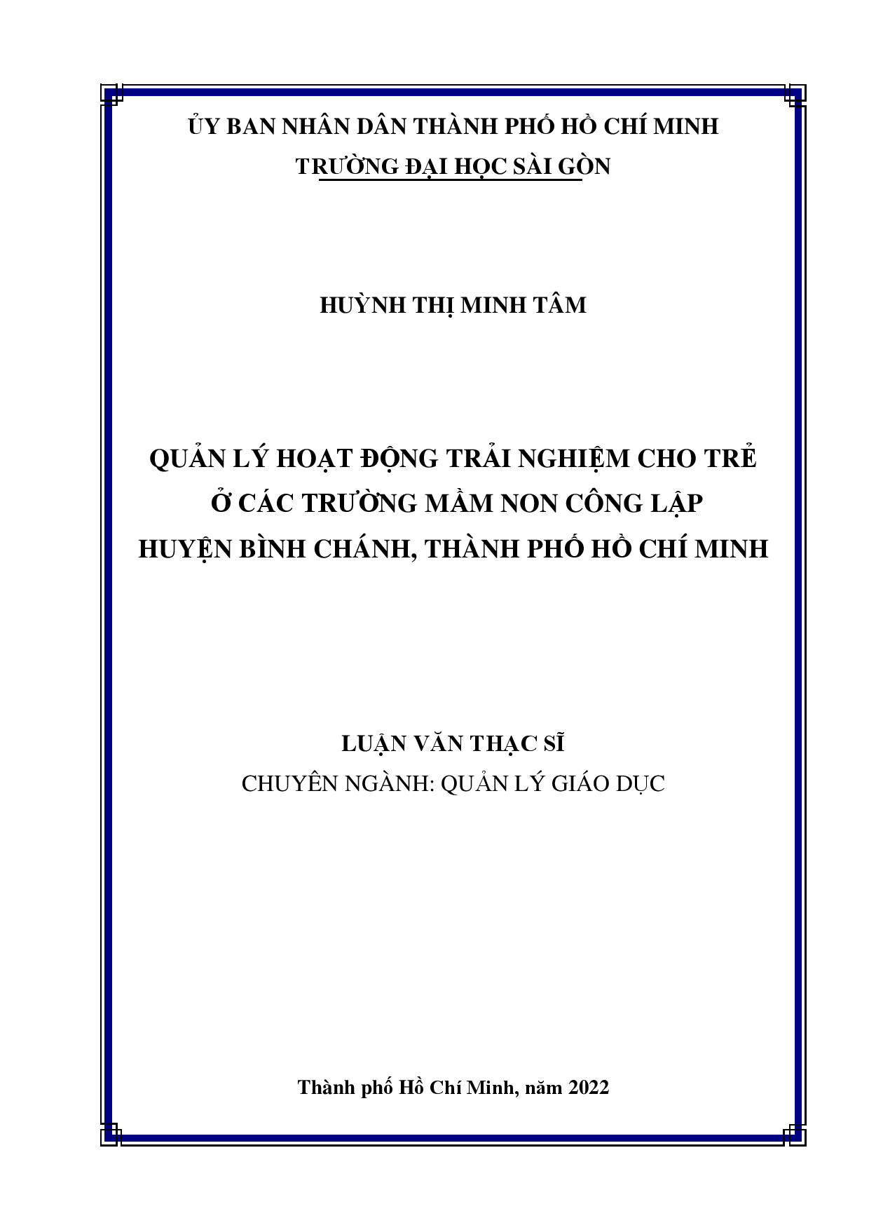 Quản lý hoạt động trải nghiệm cho trẻ ở các trường mầm non công lập huyện Bình Chánh, Thành phố Hồ Chí Minh  