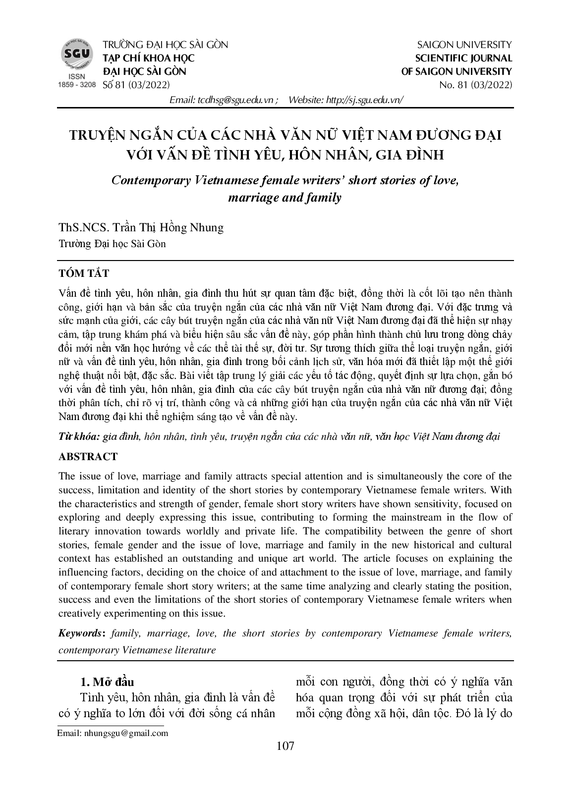 Truyện ngắn của các nhà văn nữ Việt Nam đương đại với vấn đề tình yêu, hôn nhân, gia đình  