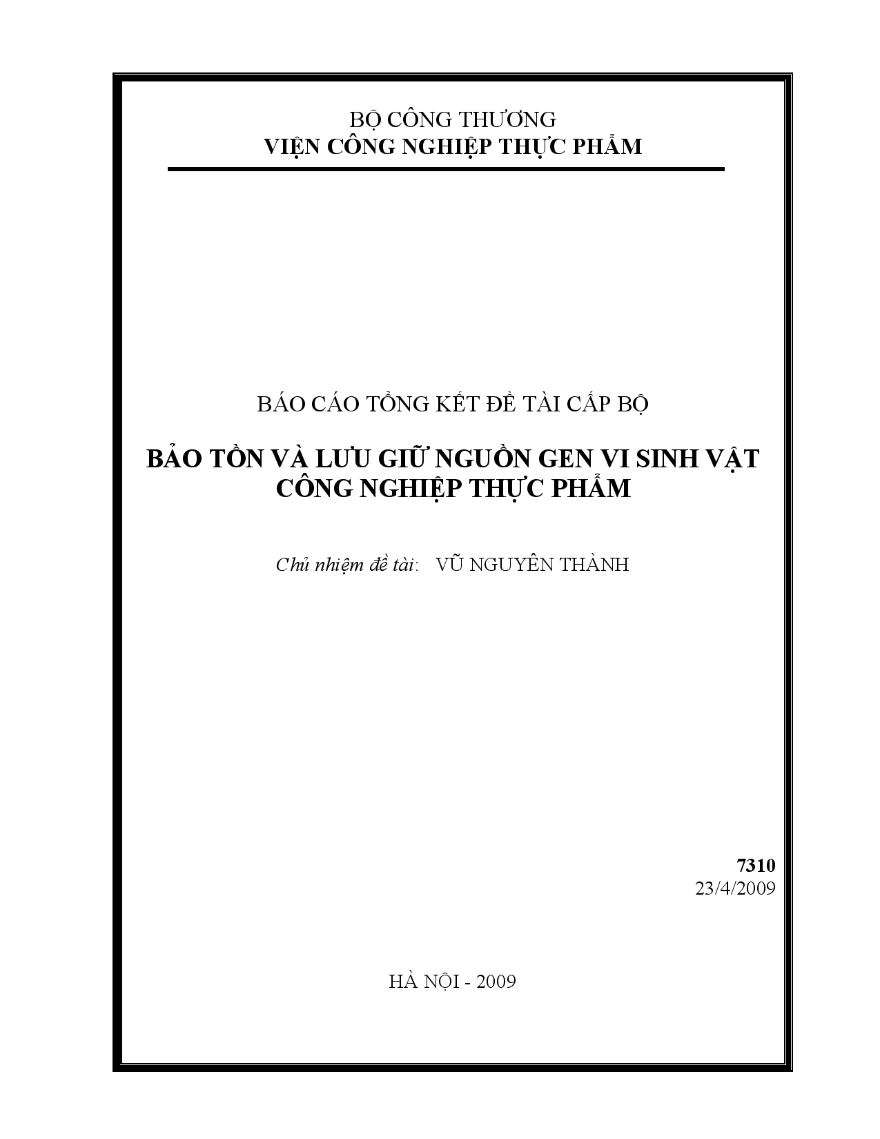 Bảo tồn và lưu giữ nguồn gen vi sinh vật công nghệ thực phẩm  