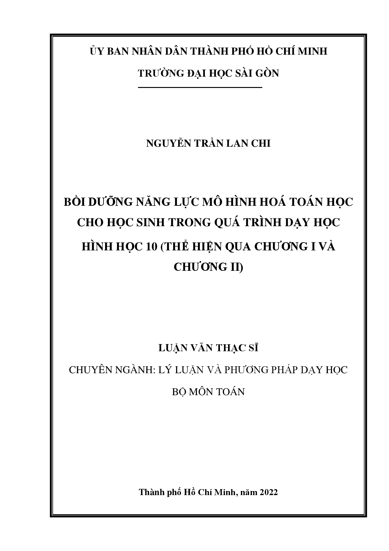 Bồi dưỡng năng lực mô hình hóa toán học cho học sinh trong quá trình dạy học Hình học 10 (thể hiện qua Chương I và Chương II)  