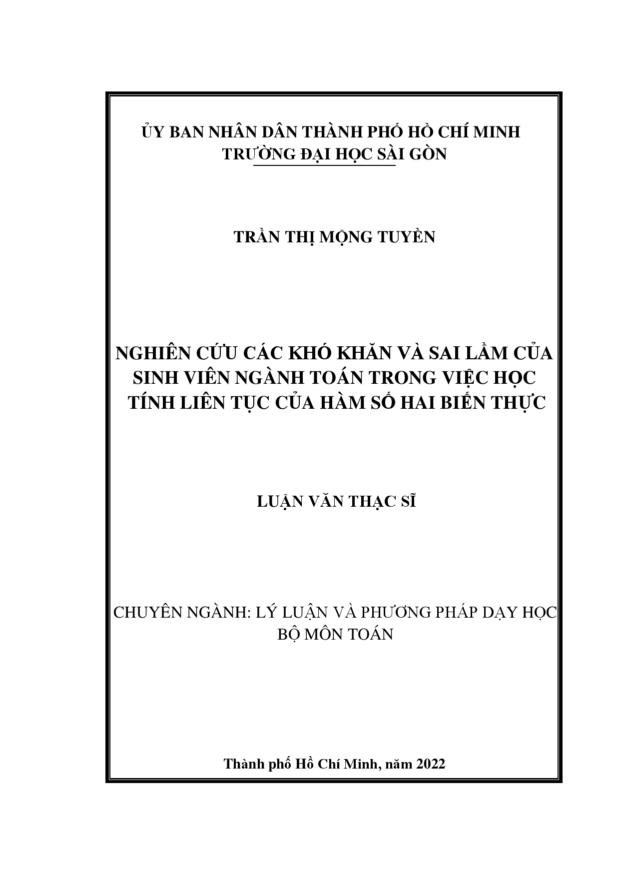 Nghiên cứu các khó khăn và sai lầm của sinh viên ngành Toán trong việc học tính liên tục của hàm số hai biến thực  