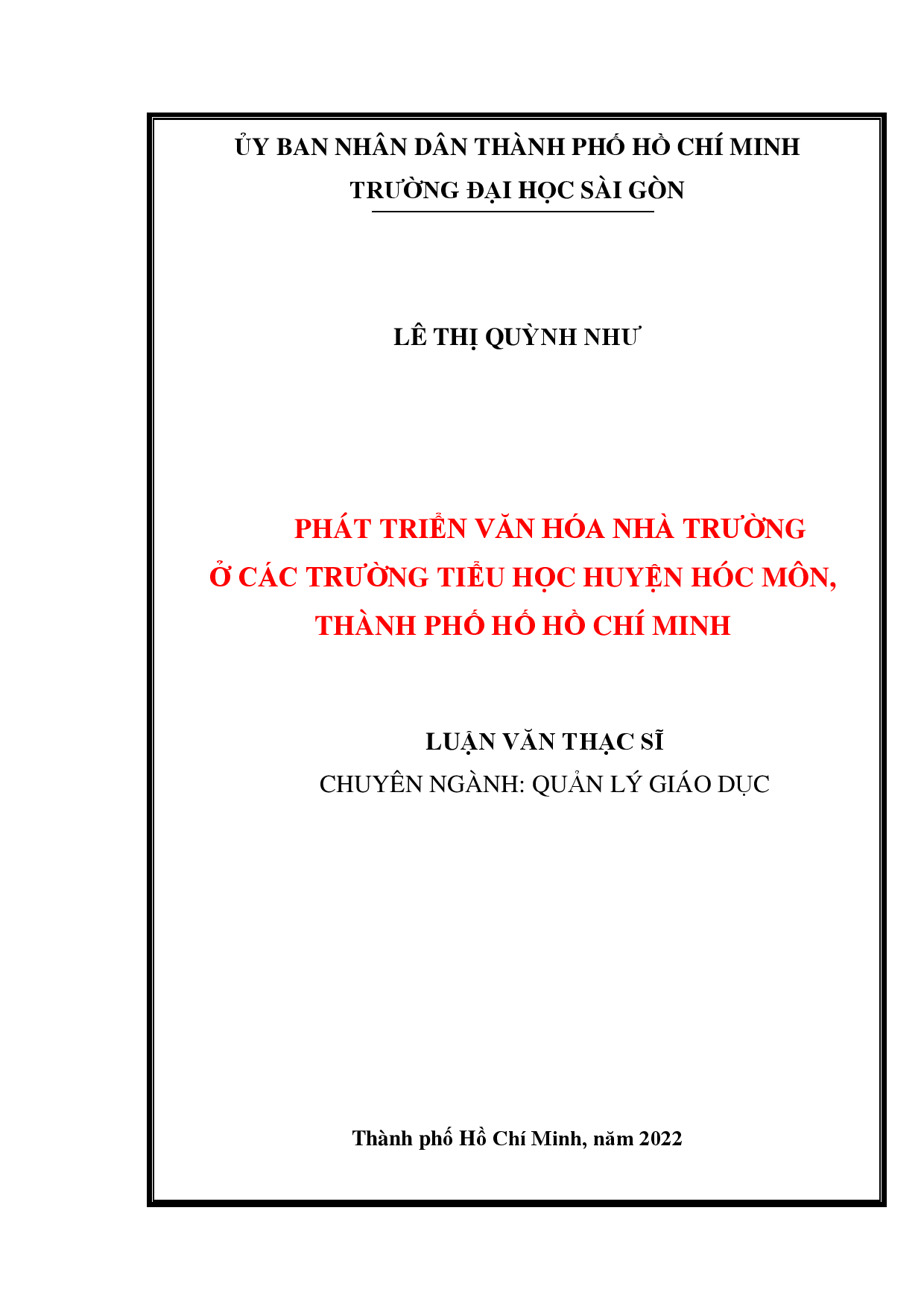 Phát triển văn hóa nhà trường ở các trường tiểu học huyện Hóc Môn, Thành phố Hồ Chí Minh  