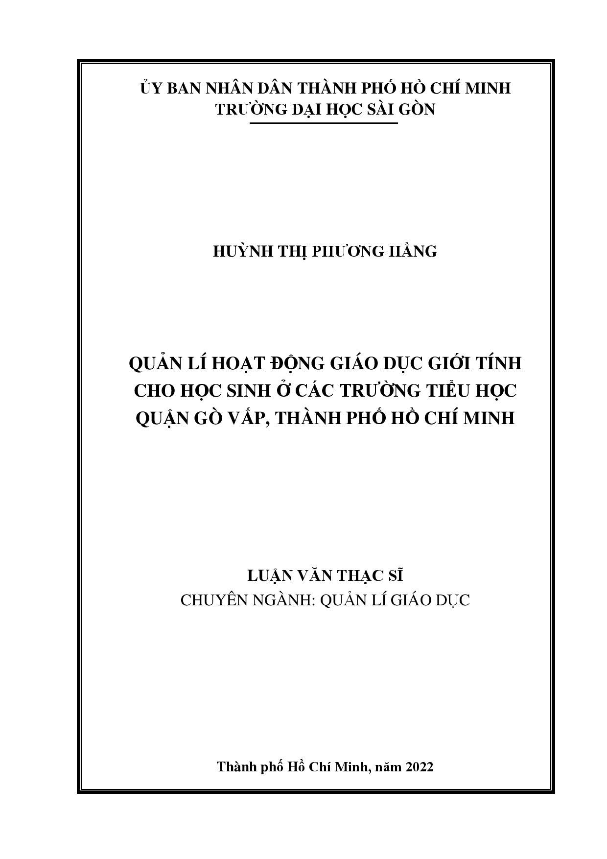 Quản lí hoạt động giáo dục giới tính cho học sinh ở các trường tiểu học Quận Gò Vấp, Thành phố Hồ Chí Minh  