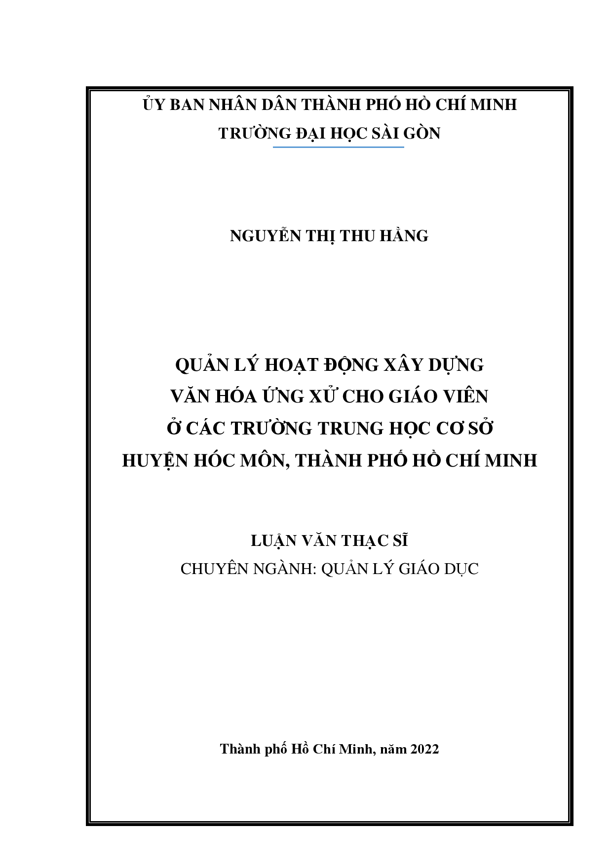 Quản lý hoạt động xây dựng văn hóa ứng xử cho giáo viên ở các trường trung học cơ sở huyện Hóc Môn, Thành phố Hồ Chí Minh  