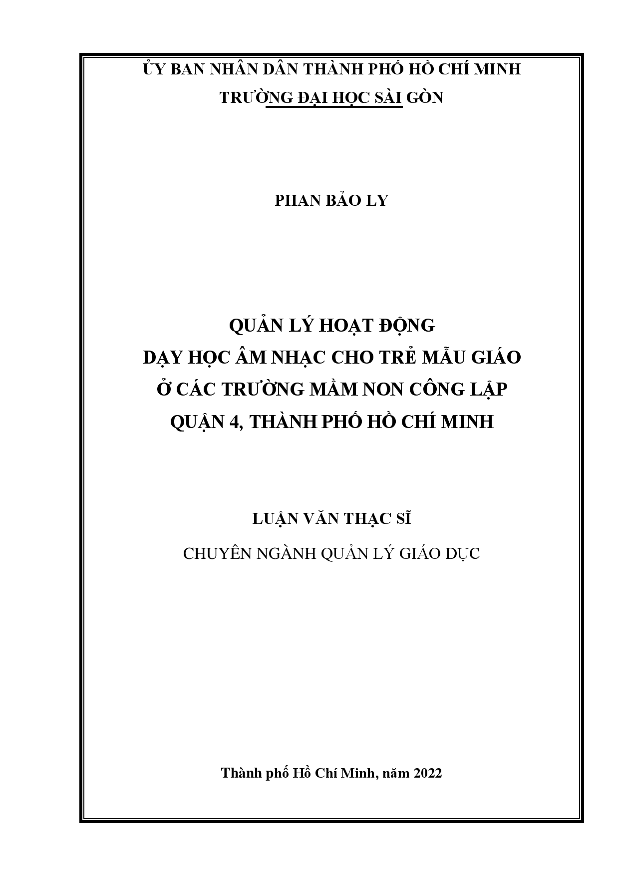 Quản lý hoạt động dạy học âm nhạc cho trẻ mẫu giáo ở các trường mầm non công lập Quận 4, Thành phố Hồ Chí Minh  