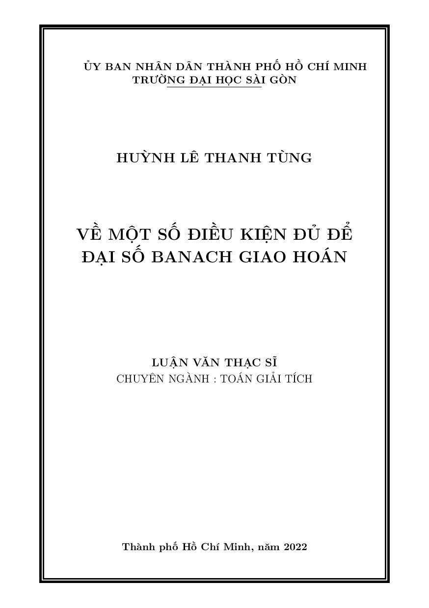 Về một số điều kiện đủ để đại số Banach giao hoán  