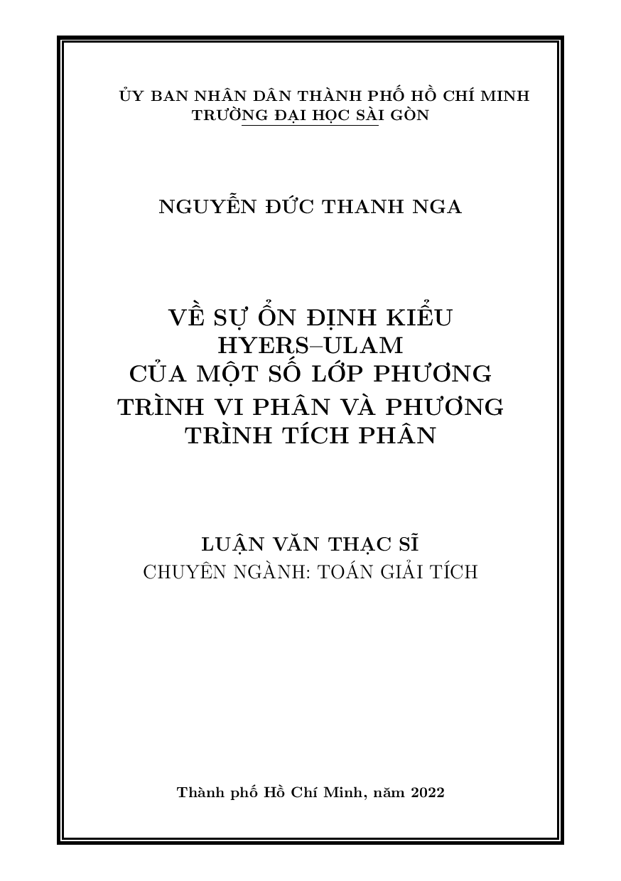 Về sự ổn định kiểu Hyers - Ulam của một số lớp phương trình vi phân và phương trình tích phân  