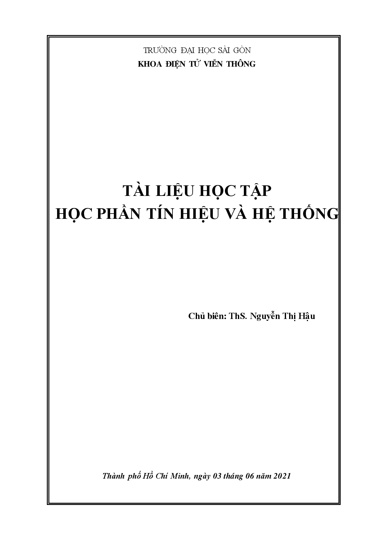 Tài liệu học tập học phần Tín hiệu và hệ thống  