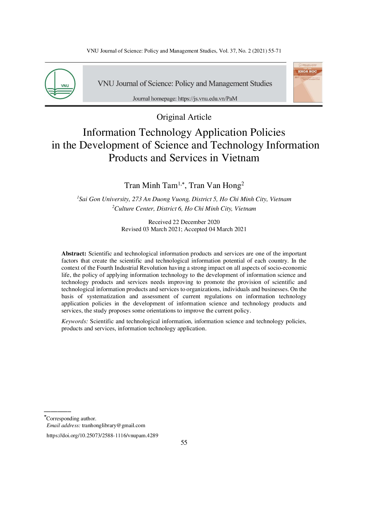 Information technology application policies in the development of science and technology information products and services in Vietnam  